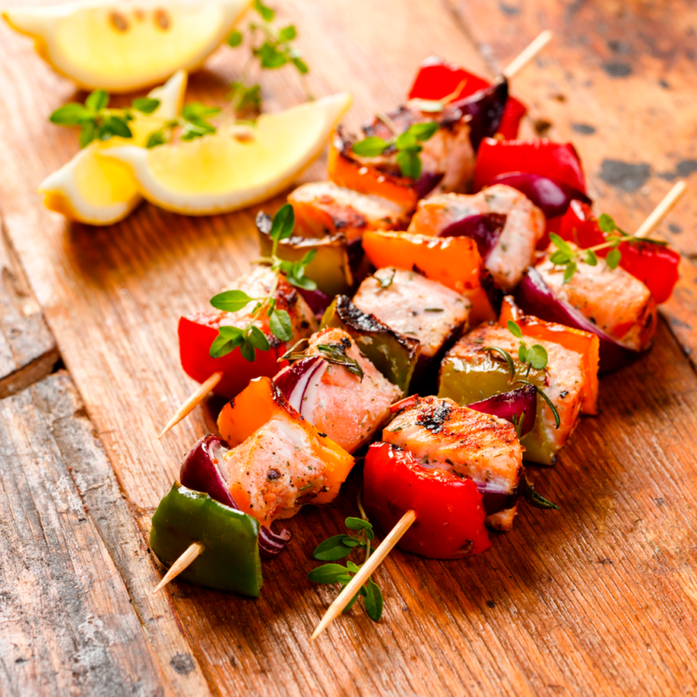 Grilled seafood kebabs with peppers