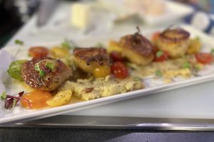 a white plate of seared scallops. It is surrounded by leafy greens and cherry tomatoes.